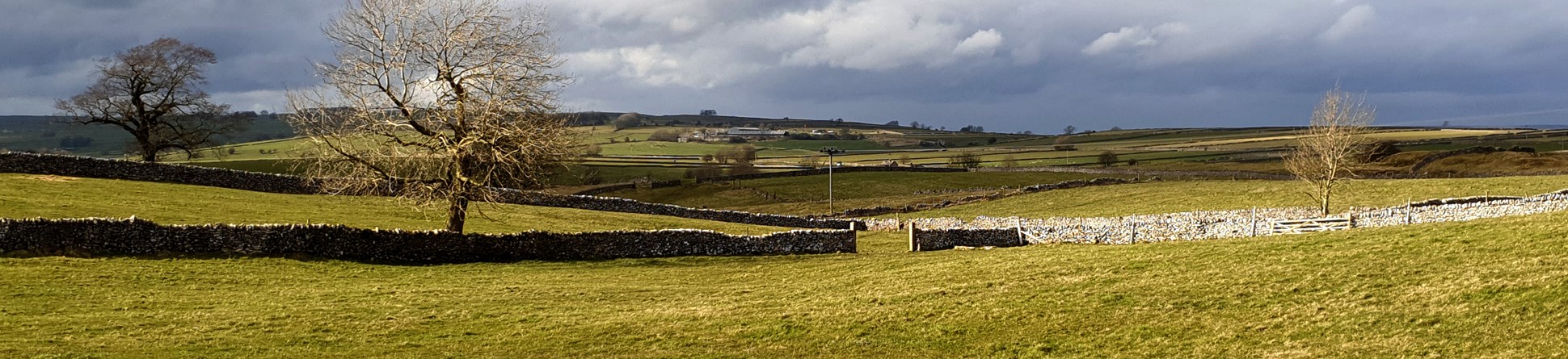 Magpie Mine, a scheduled monument near Bakewell, showing rolling fields and drystone walls.