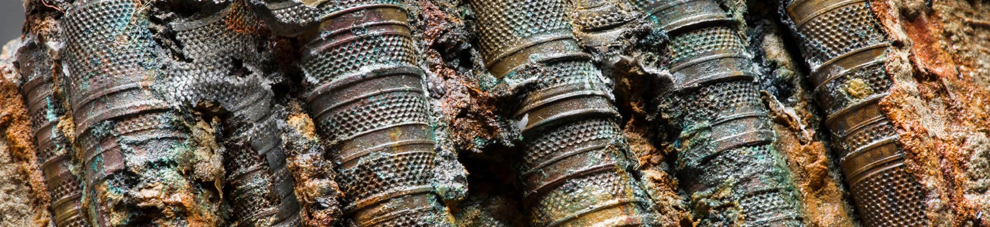 Close up of a selection of the thimbles. The concretion around all the artefacts is holding the thimbles together in these straight rows.