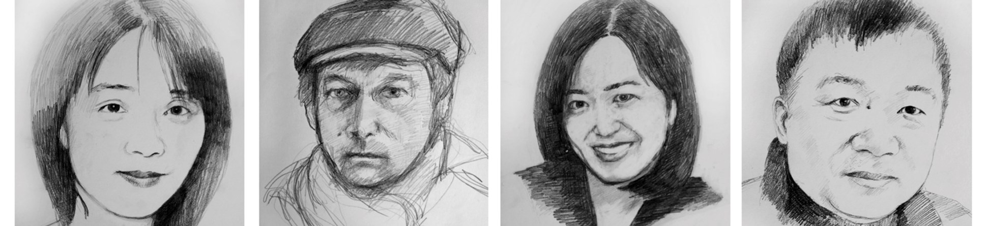 Pencil sketches of the 8 members of the Chinese footprints project team:
Chungwen
Ryszard
Aubrey
Ricky
Haiping
Martin
Lucia
Kahfei