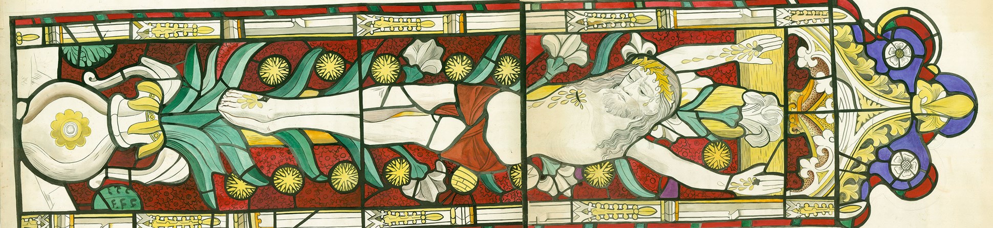 Colour illustration of a stained glass window.