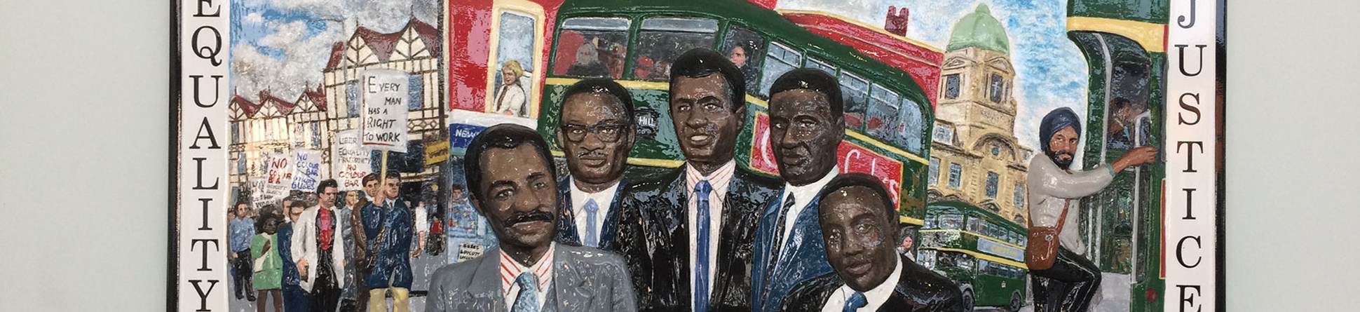 Plaque reads 'The Bristol Bus Boycott 1963, Equality, Justice, the campaign against racial discrimination' with a picture of 5 coloured men and a double decker bus in the background