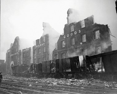 The still smouldering LNER warehouse at Goodmans Yard on the approach to London Fenchurch Street